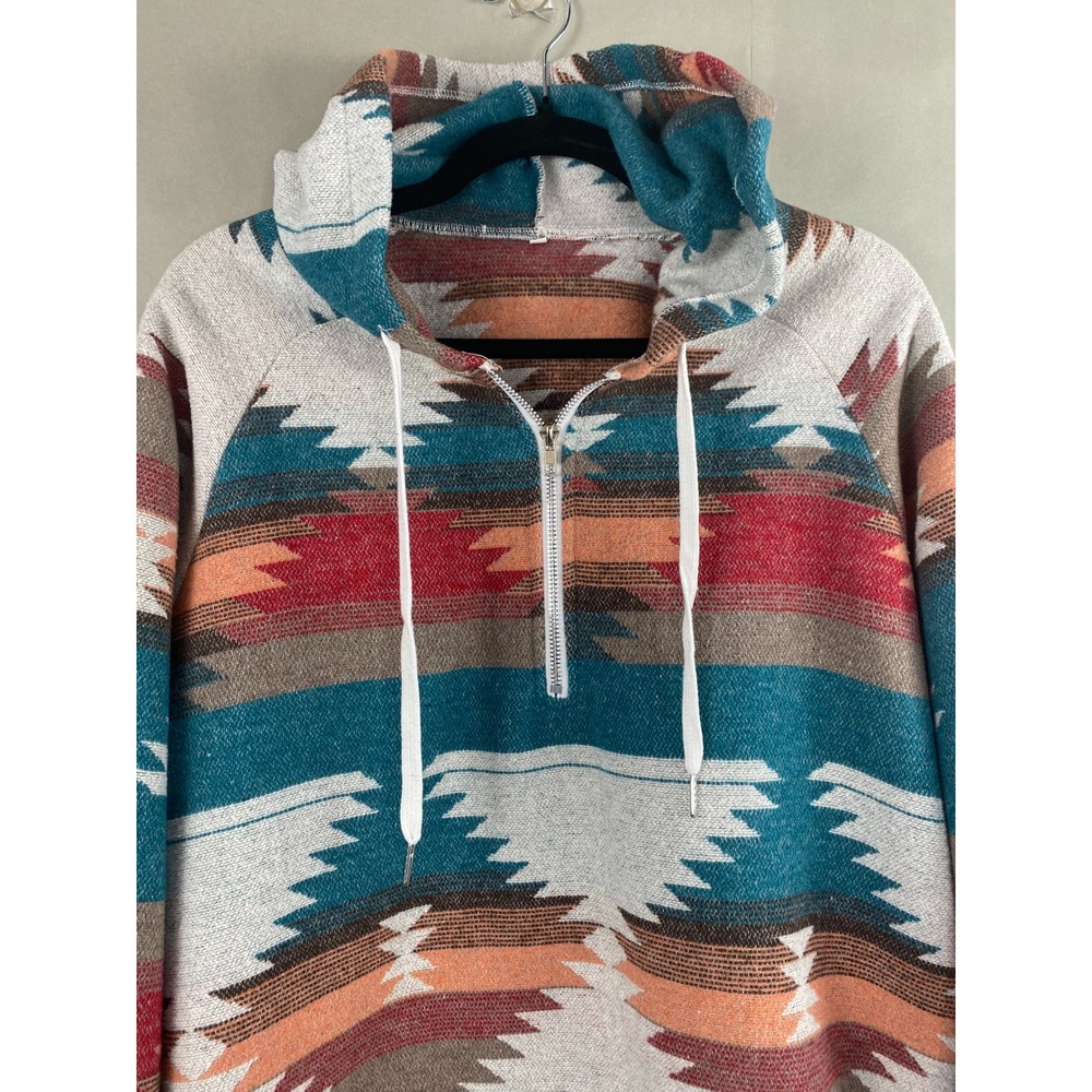 Women's Hoodie XL Southwestern Aztec Teal Rust Quarter Zip Pullover Cotton Blend - Picture 2 of 11